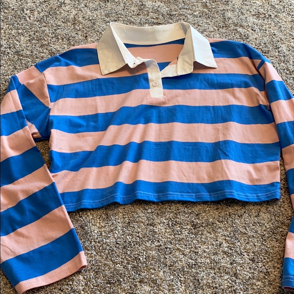 Striped Long sleeve crop top with collar